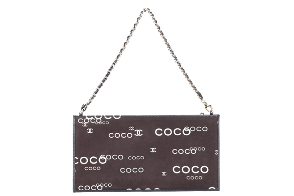 CHANEL COCO CHAIN POUCH (721xxxx) BLACK CANVAS GOLD HARDWARE WITH DUST COVER AND BOX