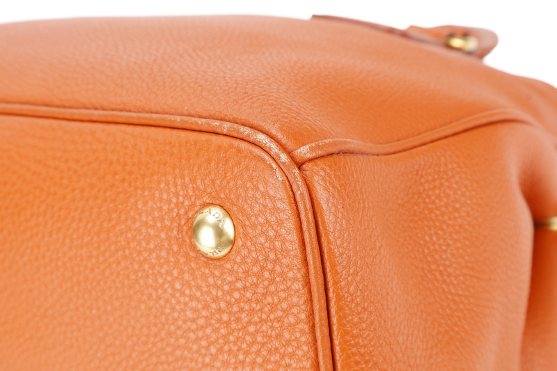 PRADA BN2579 VITELLO DAINO ZIP BAG ORANGE LEATHER GOLD HARDWARE WITH DUST COVER, LONG STRAPS AND CARD