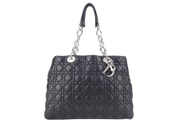 CHRISTIAN DIOR CANNAGE SHOPPING TOTE LARGE BLACK LAMBSKIN SILVER HARDWARE WITH DUST COVER