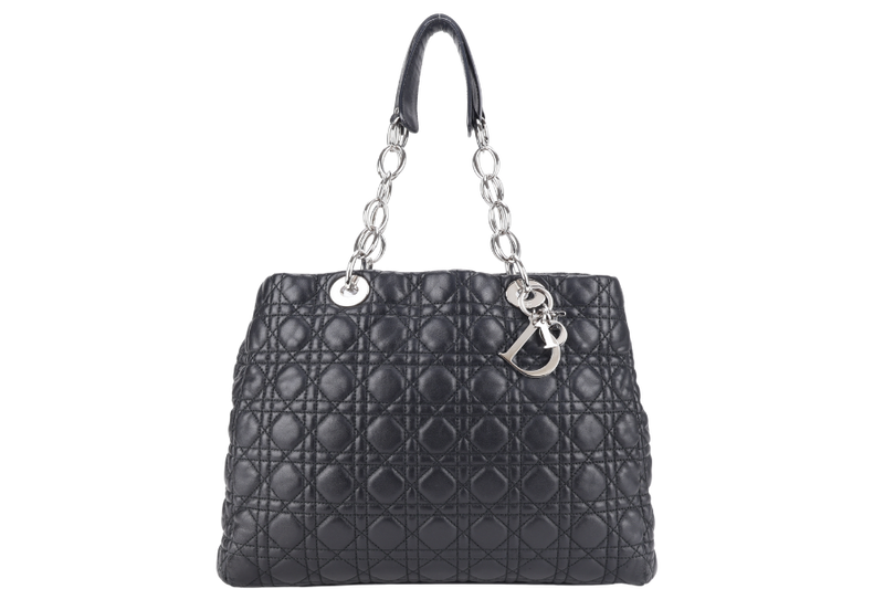CHRISTIAN DIOR CANNAGE SHOPPING TOTE LARGE BLACK LAMBSKIN SILVER HARDWARE WITH DUST COVER