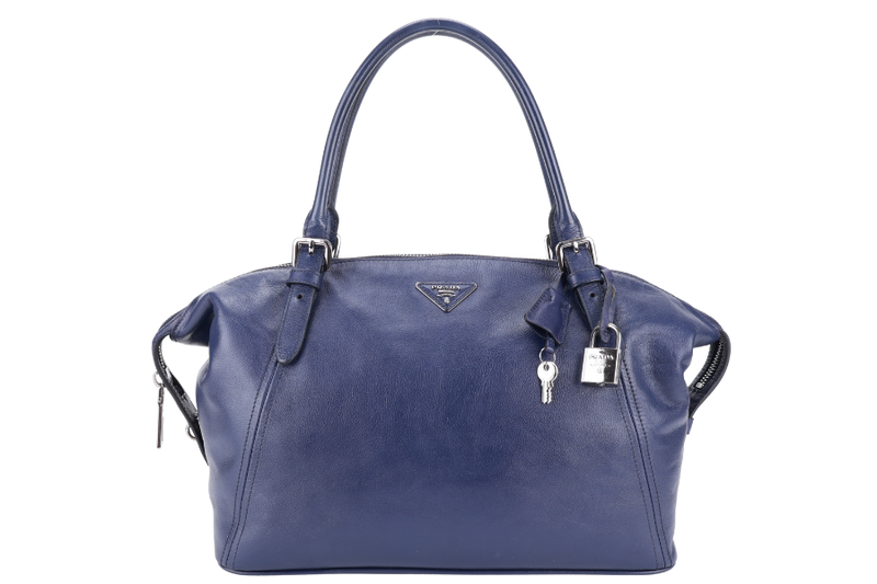 PRADA BR4998 BLUE LARGE LEATHER BOSTON BAG SILVER HARDWARE WITH KEYS & LOCK NO DUST COVER