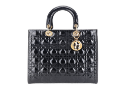 CHRISTIAN DIOR LADY DIOR LARGE PATENT BLACK GOLD HARDWARE WITH CARD AND DUST COVER