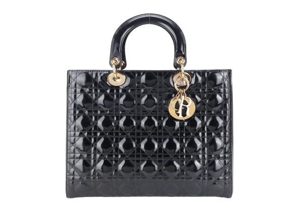 CHRISTIAN DIOR LADY DIOR LARGE PATENT BLACK GOLD HARDWARE WITH CARD AND DUST COVER