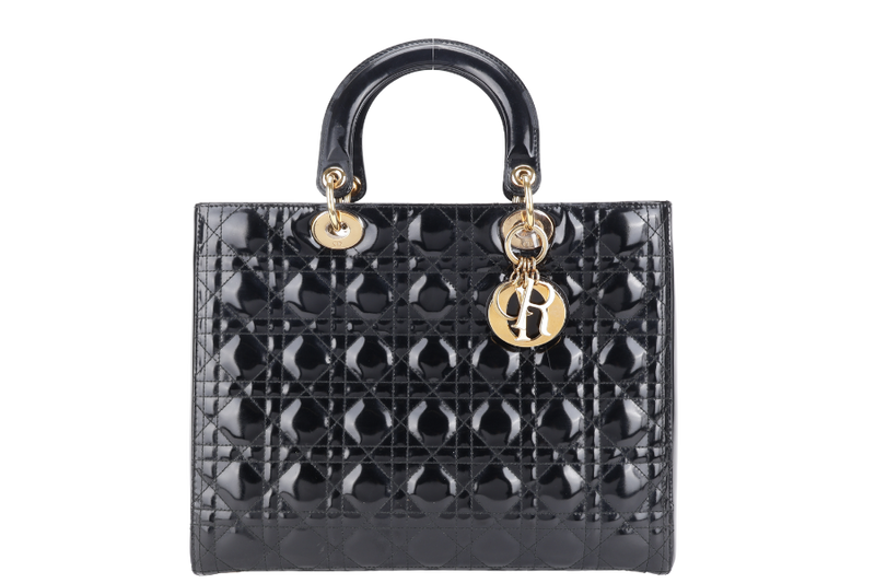 CHRISTIAN DIOR LADY DIOR LARGE PATENT BLACK GOLD HARDWARE WITH CARD AND DUST COVER