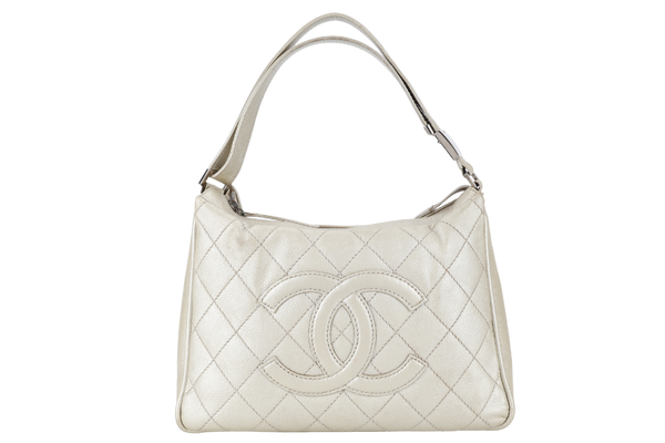 CHANEL VINTAGE CC HOBO LIGHT METALLIC GOLD CAVIAR SILVER HARDWARE 1057xxxx WITH CARD AND DUST COVER