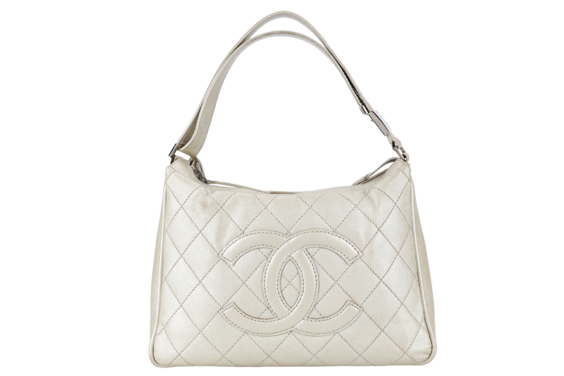 CHANEL VINTAGE CC HOBO LIGHT METALLIC GOLD CAVIAR SILVER HARDWARE 1057xxxx WITH CARD AND DUST COVER