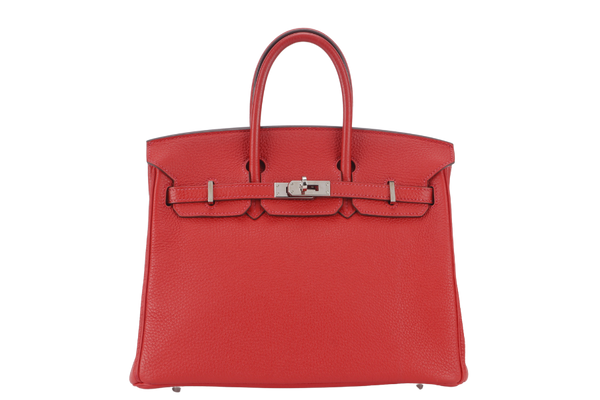 HERMES BIRKIN 25 STAMP P (YEAR 2021) ROUGE VERMILLION TOGO SILVER HARDWARE WITH LOCKKEYS AND DUST COVER