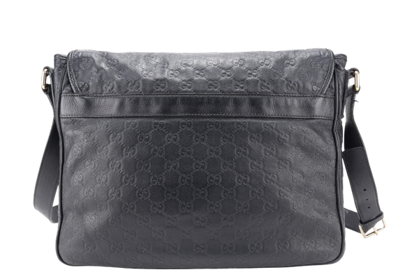 GUCCI BLACK GUCCISSIMA LEATHER MESSENGER BAG WITH GOLD TONE HARDWARE NO DUST COVER