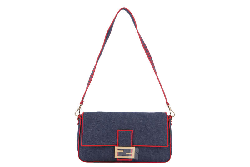 FENDI BAGUETTE SHOULDER BAG (8BR771) LARGE BLUE DENIM GOLD HARDWARE WITH STRAP, DUST COVER AND BOX