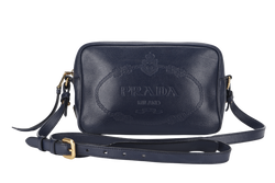 PRADA CAMERA CROSSBODY BAG (1BH089) NAVY BLUE GLACE CALF LEATHER GOLD HARDWARE WITH DUST COVER AND CARD