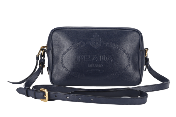 PRADA CAMERA CROSSBODY BAG (1BH089) NAVY BLUE GLACE CALF LEATHER GOLD HARDWARE WITH DUST COVER AND CARD