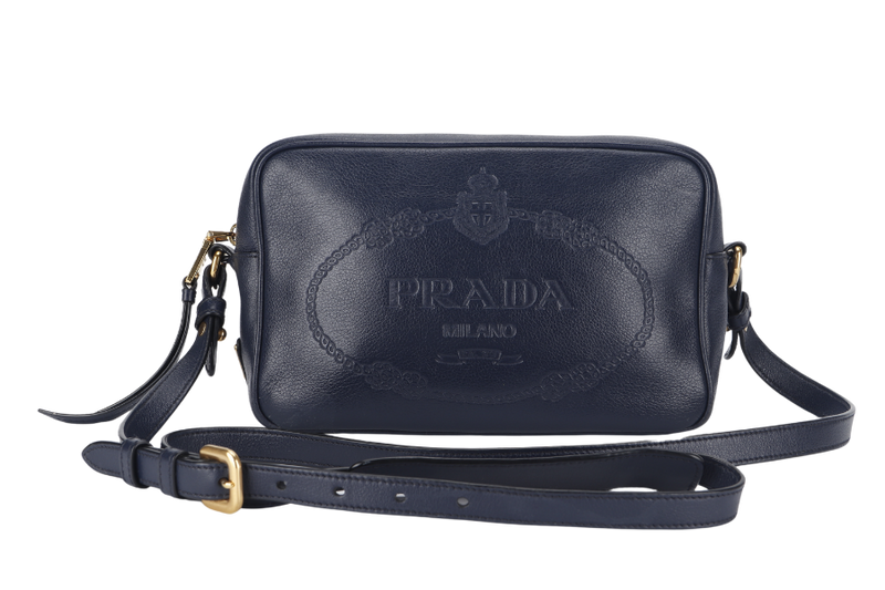 PRADA CAMERA CROSSBODY BAG (1BH089) NAVY BLUE GLACE CALF LEATHER GOLD HARDWARE WITH DUST COVER AND CARD