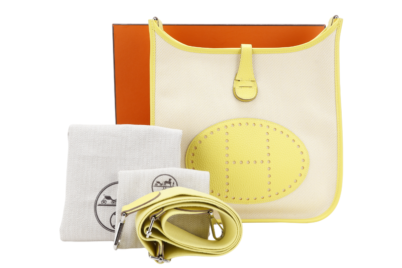 HERMES EVELYNE PM ECRU TOILE LIME YELLOW COLOR STAMP Y (YEAR 2020) WITH STRAP, DUST COVER, BOX AND PAPER BAG