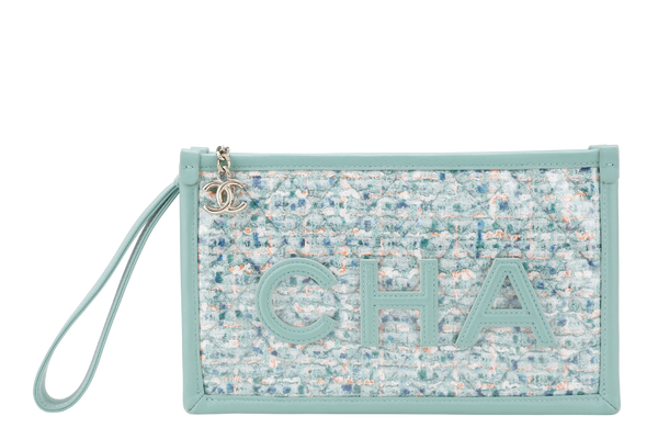 CHANEL GREEN TWEED PVC LAMBSKIN CHANEL LOGO WRISTLET POUCH (2081xxxx) GOLD HARDWARE WITH DUST COVER AND CARD