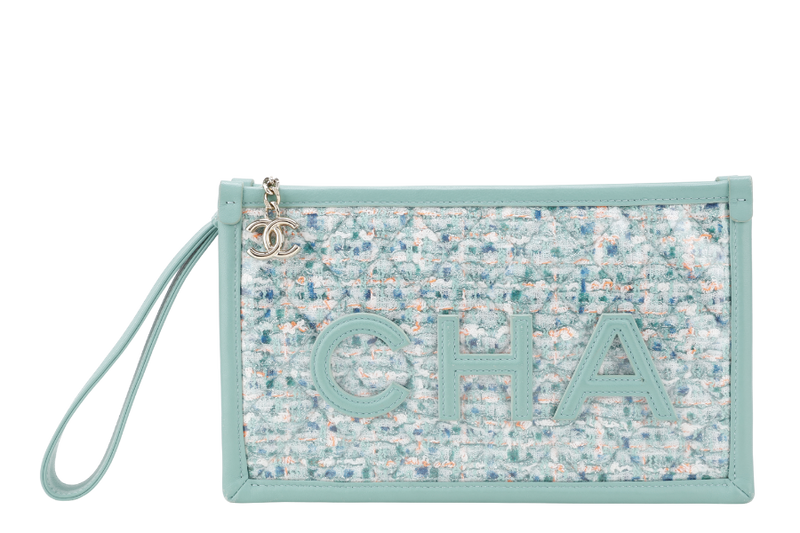 CHANEL GREEN TWEED PVC LAMBSKIN CHANEL LOGO WRISTLET POUCH (2081xxxx) GOLD HARDWARE WITH DUST COVER AND CARD