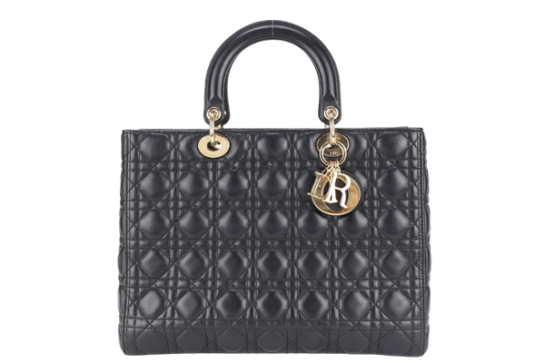 CHRISTIAN DIOR LADY DIOR LARGE BLACK LAMBSKIN 18-MA-0114 GOLD HARDWARE WITH STRAPS, NO DUST COVER