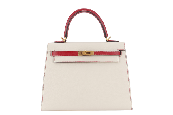 HERMES KELLY 25 HSS SELLIER STAMP D (YEAR 2022) EPSOM CRAIE ROUGE CASAQUE BRUSHED GOLD HARDWARE WITH LOCK&KEYS, RAINCOAT AND DUST COVER