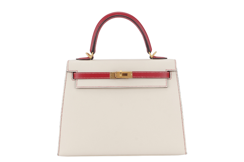 HERMES KELLY 25 HSS SELLIER STAMP D (YEAR 2022) EPSOM CRAIE ROUGE CASAQUE BRUSHED GOLD HARDWARE WITH LOCK&KEYS, RAINCOAT AND DUST COVER