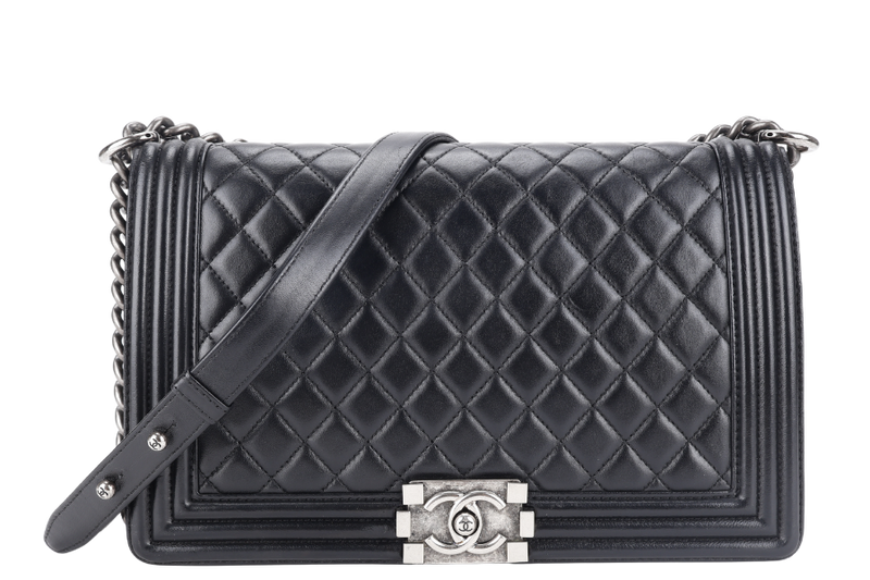 CHANEL LEBOY NEW MEDIUM BLACK LAMBSKIN LEATHER SILVER HARDWARE (2310xxxx) WITH DUST COVER AND BOX
