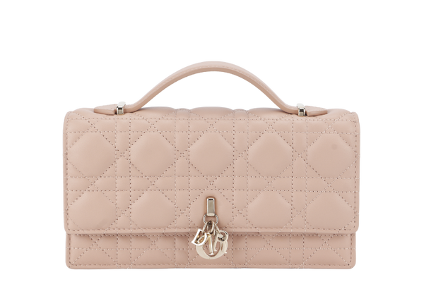 CHRISTIAN DIOR CHAIN TOP HANDLE LADY DIOR WOC MINI CARAMEL BEIGE LAMBSKIN GOLD HARDWARE WITH STRAPS, CARD, DUST COVER AND BOX