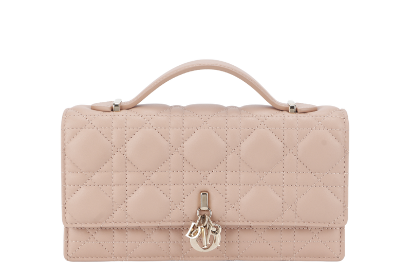 CHRISTIAN DIOR CHAIN TOP HANDLE LADY DIOR WOC MINI CARAMEL BEIGE LAMBSKIN GOLD HARDWARE WITH STRAPS, CARD, DUST COVER AND BOX