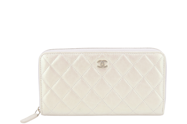 CHANEL ZIPPY LONG WALLET IN IRIDESCENT LAMBSKIN GOLD HARDWARE WITH CARD AND BOX
