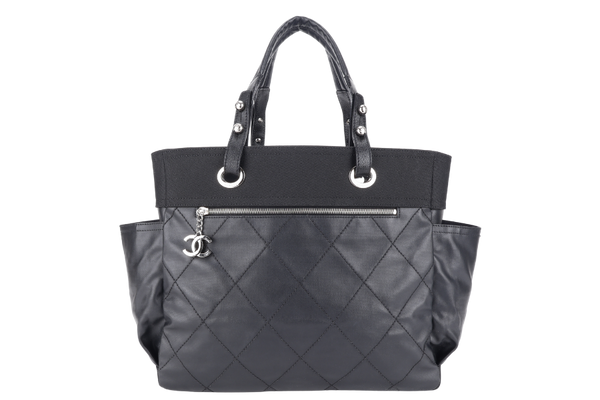 CHANEL PARIS BIARRITZ TOTE BAG BLACK COATED CANVAS SILVER HARDWARE (1407xxxx) WITH CARD AND DUST COVER