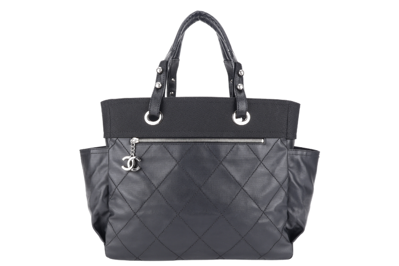 CHANEL PARIS BIARRITZ TOTE BAG BLACK COATED CANVAS SILVER HARDWARE (1407xxxx) WITH CARD AND DUST COVER