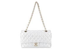 CHANEL CLASSIC FLAP METALLIC SILVER LAMBSKIN (1264xxxx) MEDIUM SIZE WITH DUST COVER AND CARD