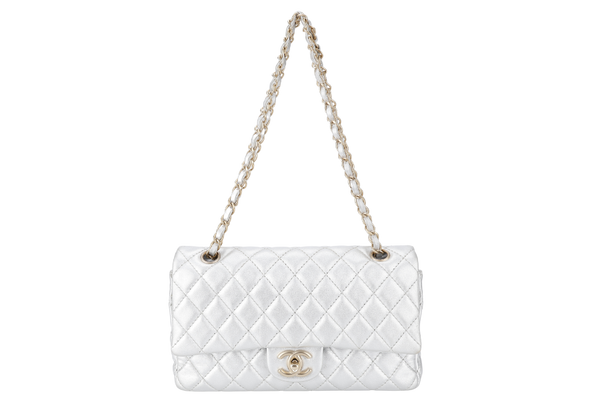 CHANEL CLASSIC FLAP METALLIC SILVER LAMBSKIN (1264xxxx) MEDIUM SIZE WITH DUST COVER AND CARD