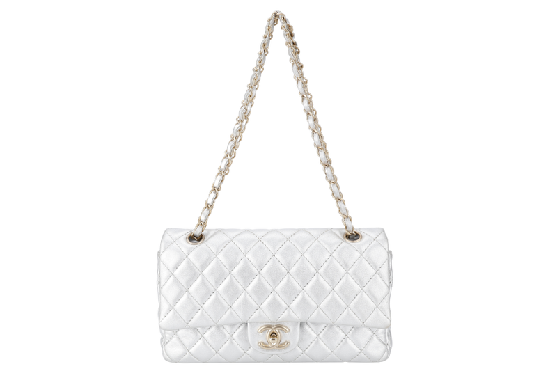 CHANEL CLASSIC FLAP METALLIC SILVER LAMBSKIN (1264xxxx) MEDIUM SIZE WITH DUST COVER AND CARD