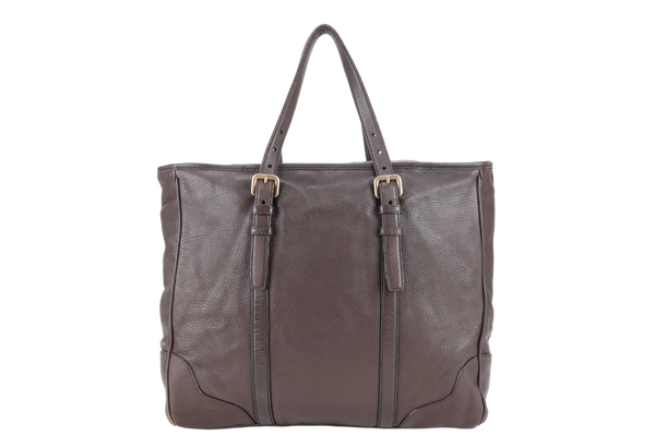 PRADA DARK BROWN DEERSKIN VERTICAL SHOULDER TOTE GOLD HARDWARE NO DUST COVER