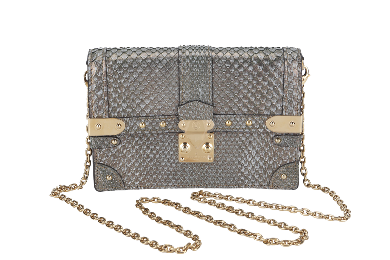 LOUIS VUITTON TRUNK CHAIN WALLET (N99721) PYTHON METALLIC LEATHER GOLD HARDWARE WITH CHAIN, STRAP AND DUST COVER