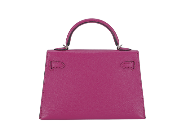 HERMES KELLY 20 ROSE POURPRE CHEVRE LEATHER WITH SILVER HARDWARE STAMP C (2018) WITH LOCK&KEYS, STRAPS AND DUST COVER