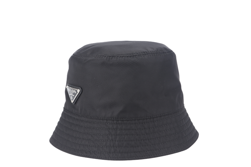 PRADA BUCKET HAT METAL LOGO BLACK NYLON WITH DUST COVER