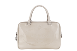 PRADA BN1114 TOP HANDLE BEIGE VINYL BAG SILVER HARDWARE WITH CARD, KEYS&LOCK AND DUST COVER