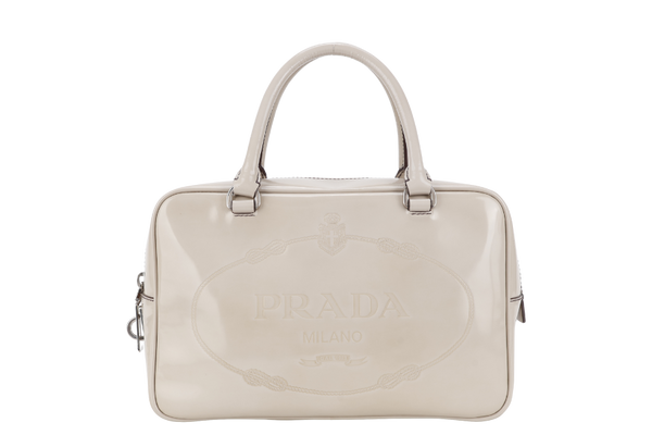PRADA BN1114 TOP HANDLE BEIGE VINYL BAG SILVER HARDWARE WITH CARD, KEYS&LOCK AND DUST COVER