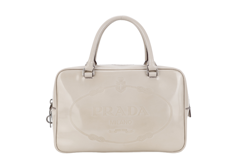PRADA BN1114 TOP HANDLE BEIGE VINYL BAG SILVER HARDWARE WITH CARD, KEYS&LOCK AND DUST COVER