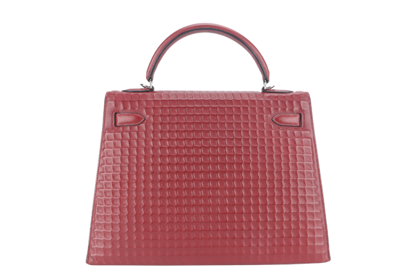 HERMES KELLY 32 WAFFLE SELLIER STAMP G (YEAR 2003) ROUGE H EVERCALF LEATHER SILVER HARDWARE WITH STRAPS, DUST COVER (NO KEYS & LOCK)