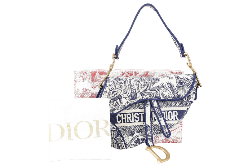 CHRISTIAN DIOR SADDLE TOILE DE JOUY WHITE BLUE CANVAS GOLD HARDWARE WITH DUST COVER AND BOX