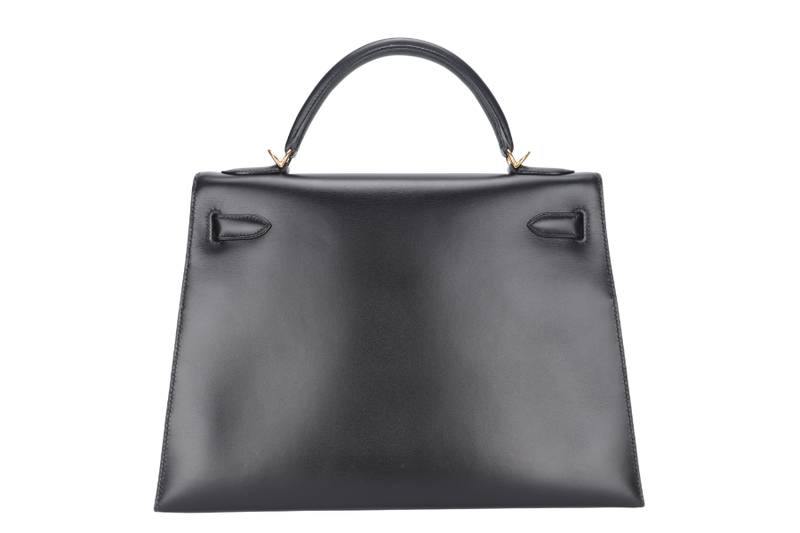 HERMES KELLY 32 SELLIER STAMP E (YEAR 2001) BLACK BOX LEATHER GOLD HARDWARE WITH KEYS, STRAPS AND DUST COVER (NO LOCK)