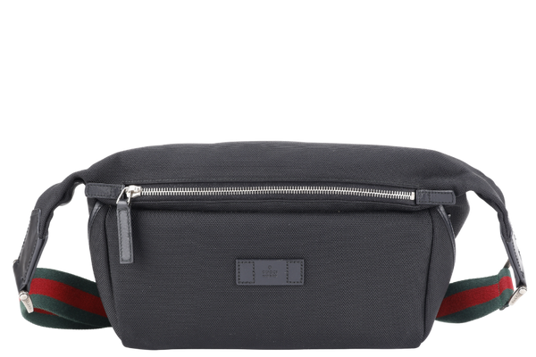 GUCCI TECHNO WEB BELT BAG BLACK CANVAS SILVER HARDWARE WITH DUST COVER