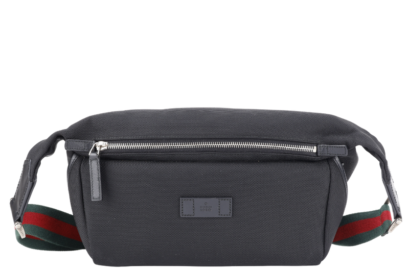 GUCCI TECHNO WEB BELT BAG BLACK CANVAS SILVER HARDWARE WITH DUST COVER