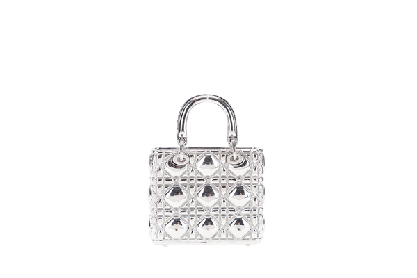 CHRISTIAN DIOR LADY DIOR I ON IN SILVER METAL CHARMS AND PILL BOX WITH DUST COVER AND BOX