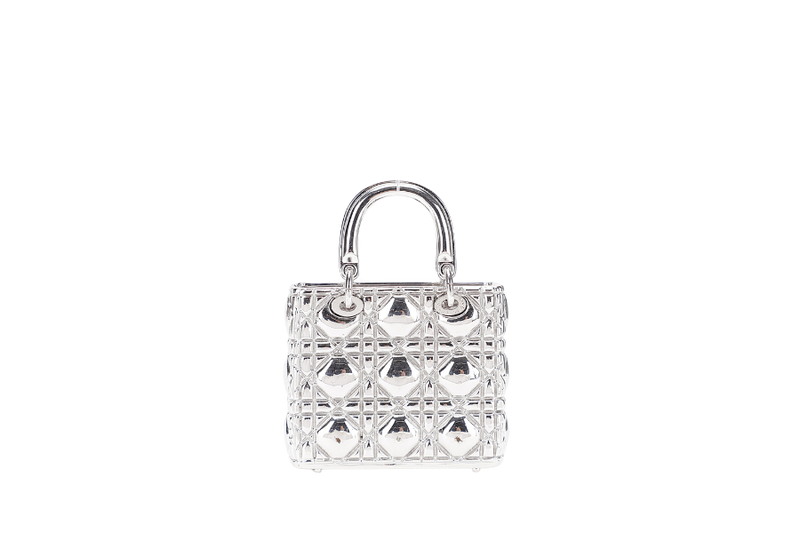 CHRISTIAN DIOR LADY DIOR I ON IN SILVER METAL CHARMS AND PILL BOX WITH DUST COVER AND BOX