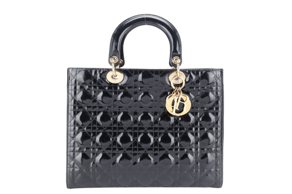 CHRISTIAN DIOR LADY DIOR LARGE BLACK PATENT LEATHER GOLD HARDWARE (17-BO-1009) WITH CARD NO DUST COVER