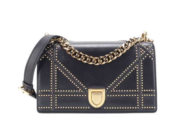 CHRISTIAN DIOR DIORAMA STUDDED BLACK LAMBSKIN GOLD HARDWARE (09-BO-0197) WITH DUST COVER AND CARD