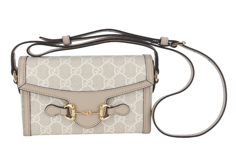 GUCCI MINI HORSEBIT 1955 (699296) BEIGE WHITE GG SUPREME CANVAS GOLD HARDWARE (PIG SKIN) WITH DUST COVER AND BOX