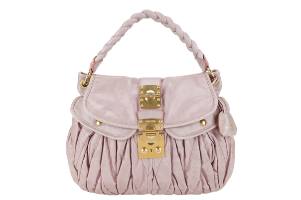 MIU-MIU MIU PINK MATELASSE LEATHER LARGE COFFER BAG GOLD HARDWARE WITH LEATHER STRAPS AND KEYS NO DUST COVER