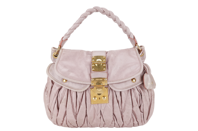 MIU-MIU MIU PINK MATELASSE LEATHER LARGE COFFER BAG GOLD HARDWARE WITH LEATHER STRAPS AND KEYS NO DUST COVER